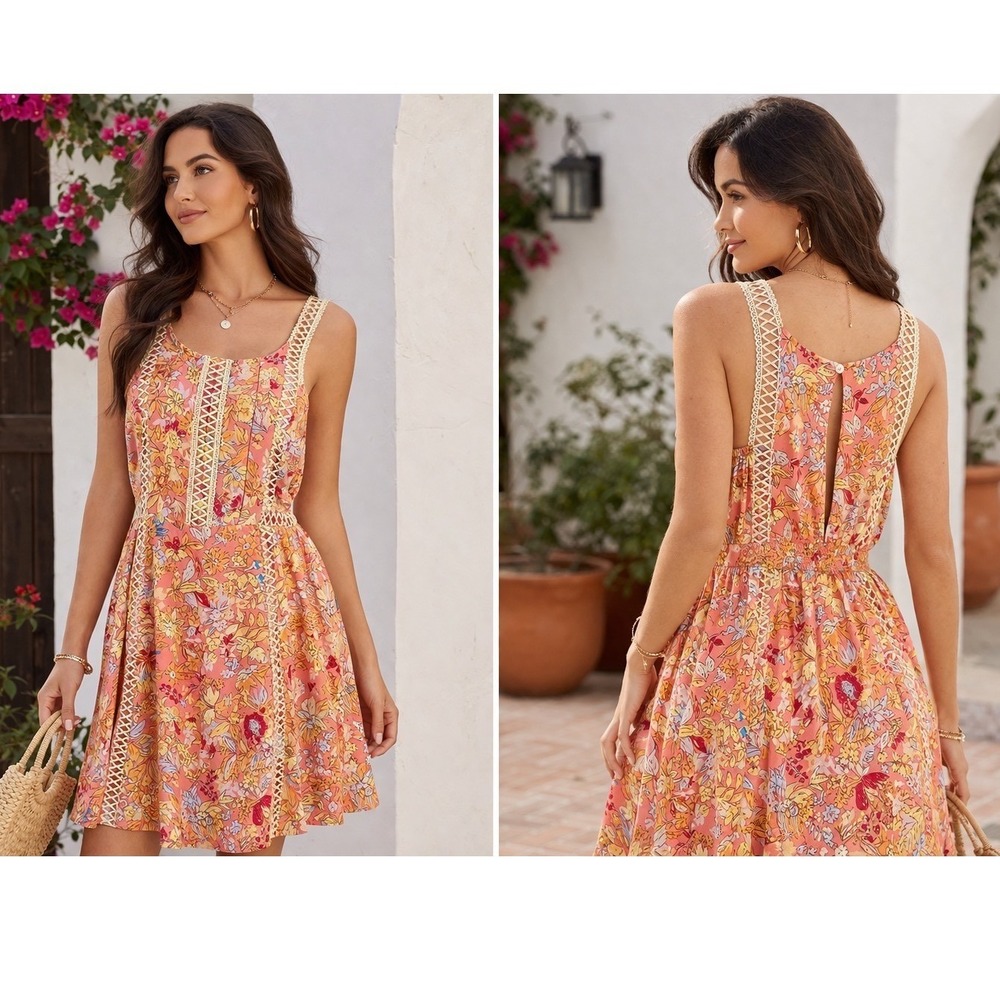 Chelsea & Violet Floral Crochet‎ Trim Mini Dress Pink Orange XS Sleeveless Boho